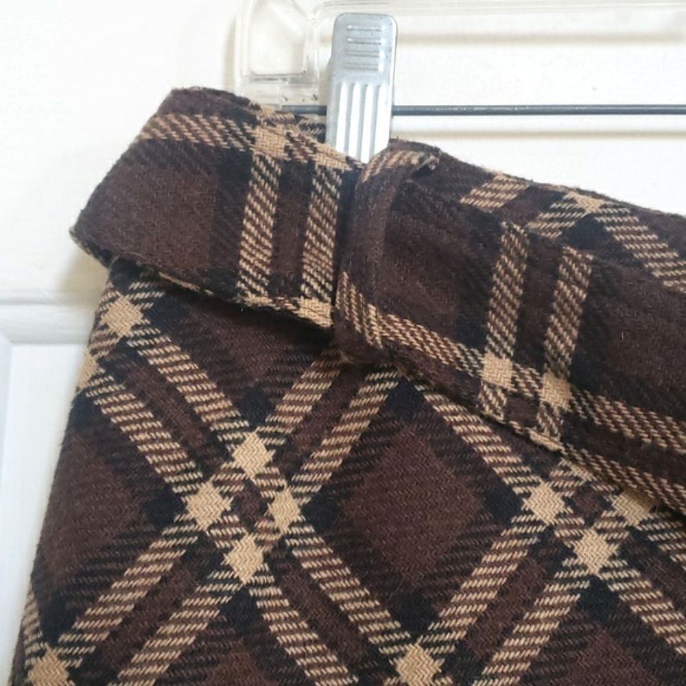 Vintage 90s Plaid Wool Belted Skirt • Brown Tan Brass Buckle Academia • Medium - Picture 7 of 9